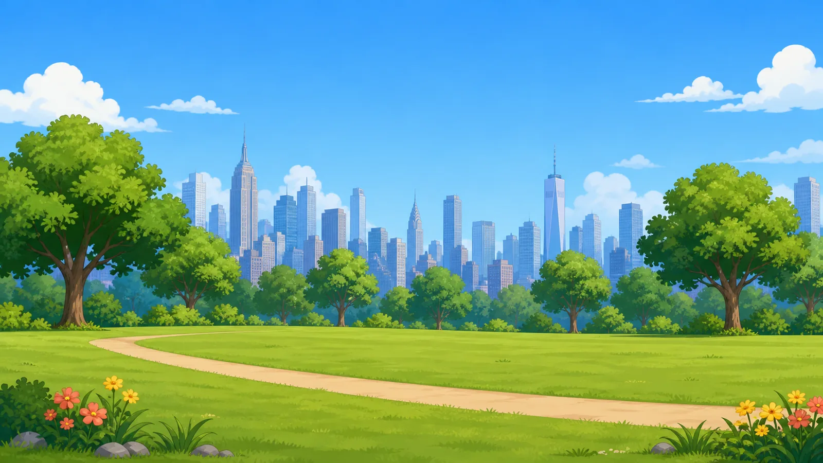 A green park with a winding path and a city skyline beyond the trees