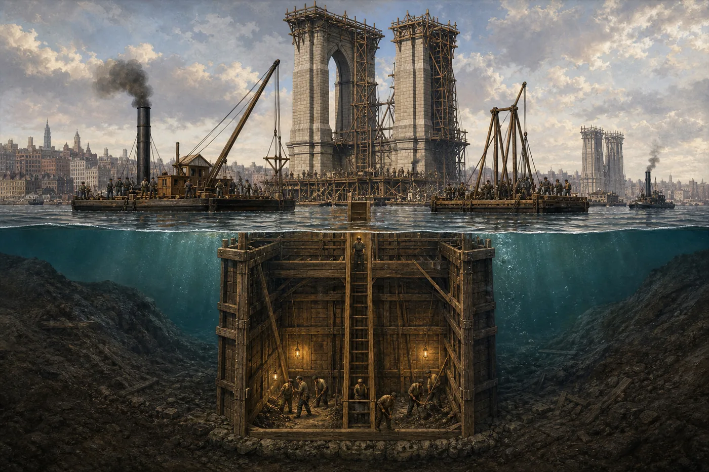 The bridge towers rising above the river
         while men dig inside the caisson sunk on the riverbed below