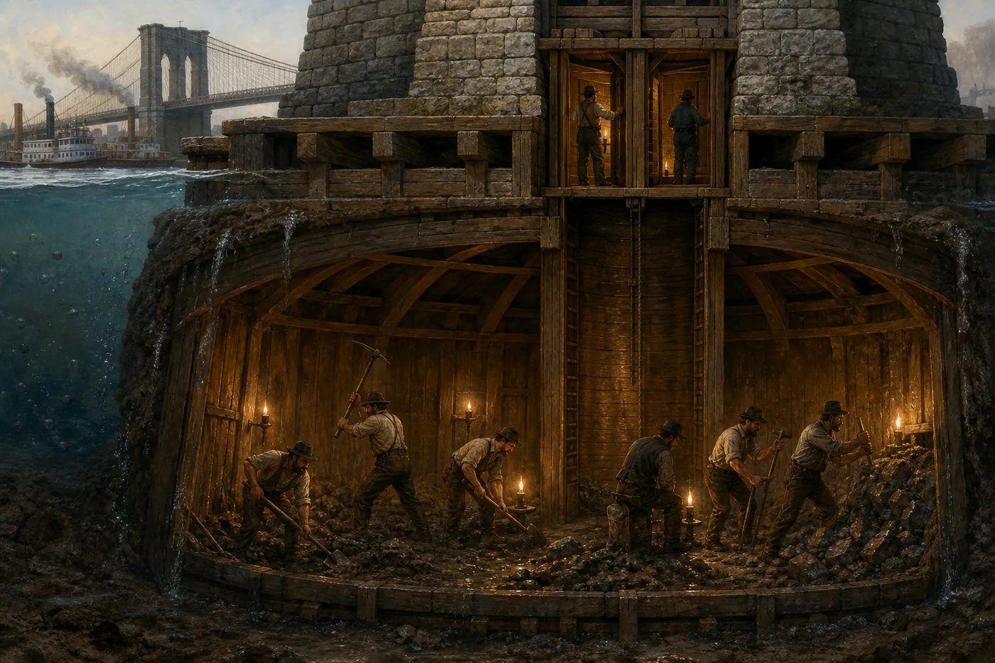 Men digging by candlelight inside the
         caisson, water pouring down the walls and the air lock above