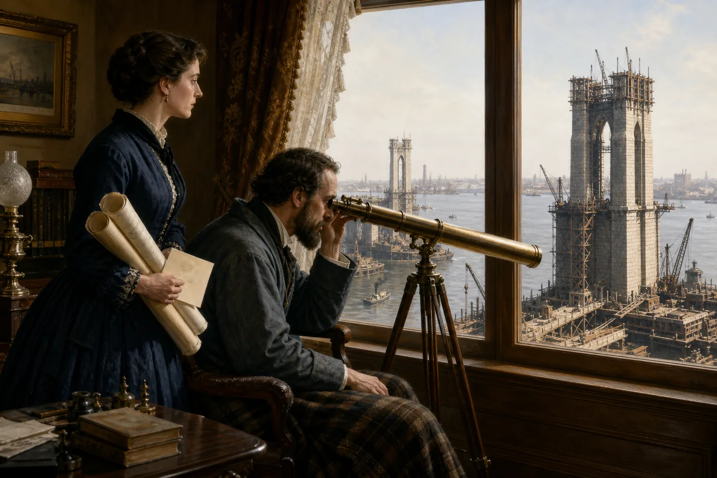 Washington Roebling watching the towers
         through a telescope from his window while Emily stands beside him with drawings